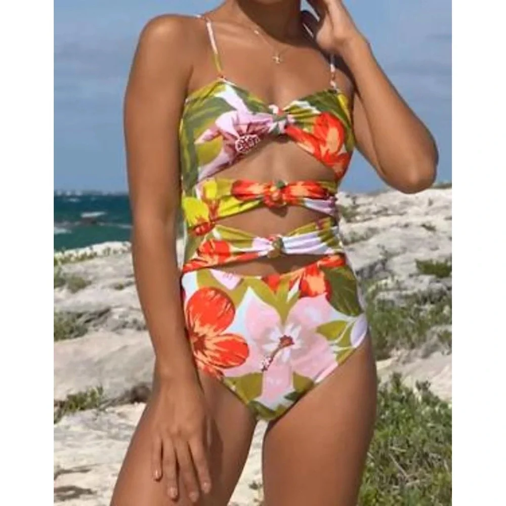 Aerie American Eagle Cut Out One Piece Swimsuit Bikini Bright Floral Triple Knot